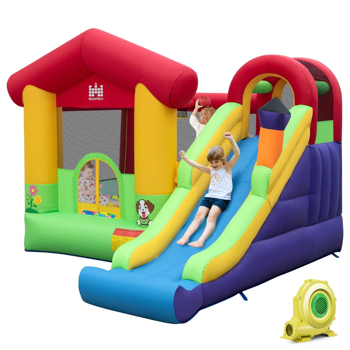 CostwayChâteau Gonflable avec Souffleur 680W Maison de Saut Long Toboggan Panier de Basket 50 Balles Océanique Intérieur Extérieur