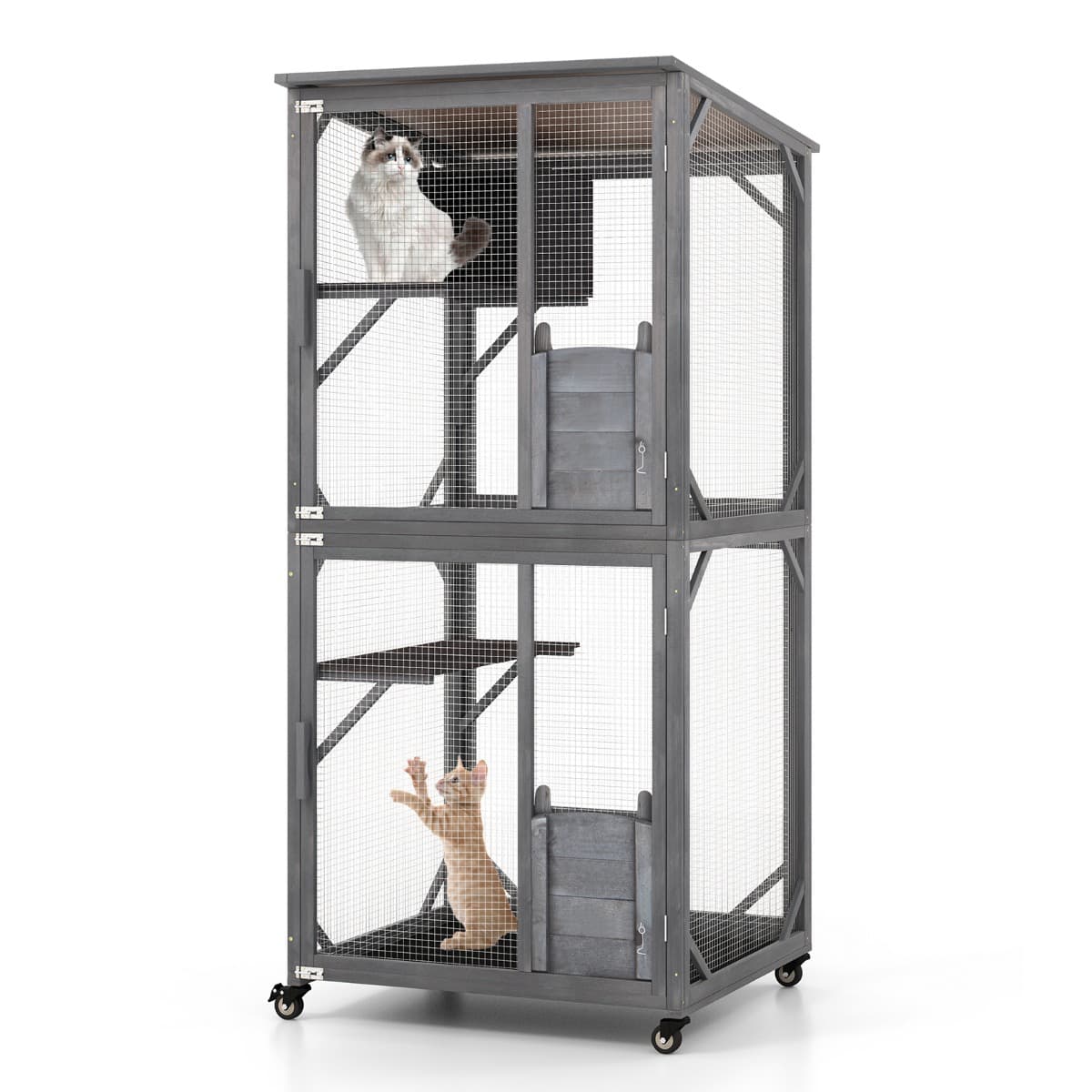 CostwayEnclos Extérieur Résistant aux Intempéries pour Chat 4 Roues Cage Maison pour Chat Cadre en Sapin Toit en Asphalte Gris